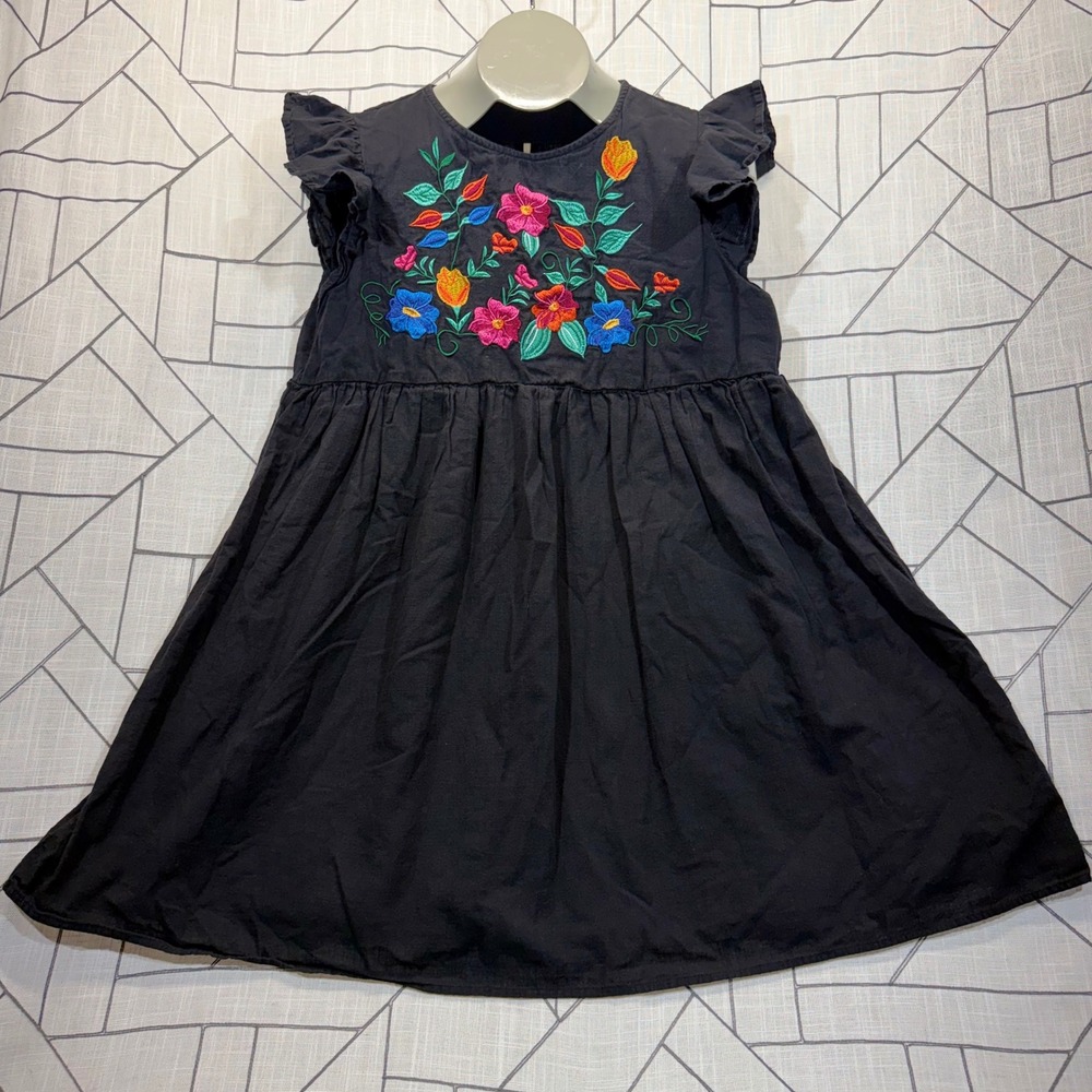 Unbranded Embroidered Floral Mini Dress XL Black Flutter Sleeve Boho Skater